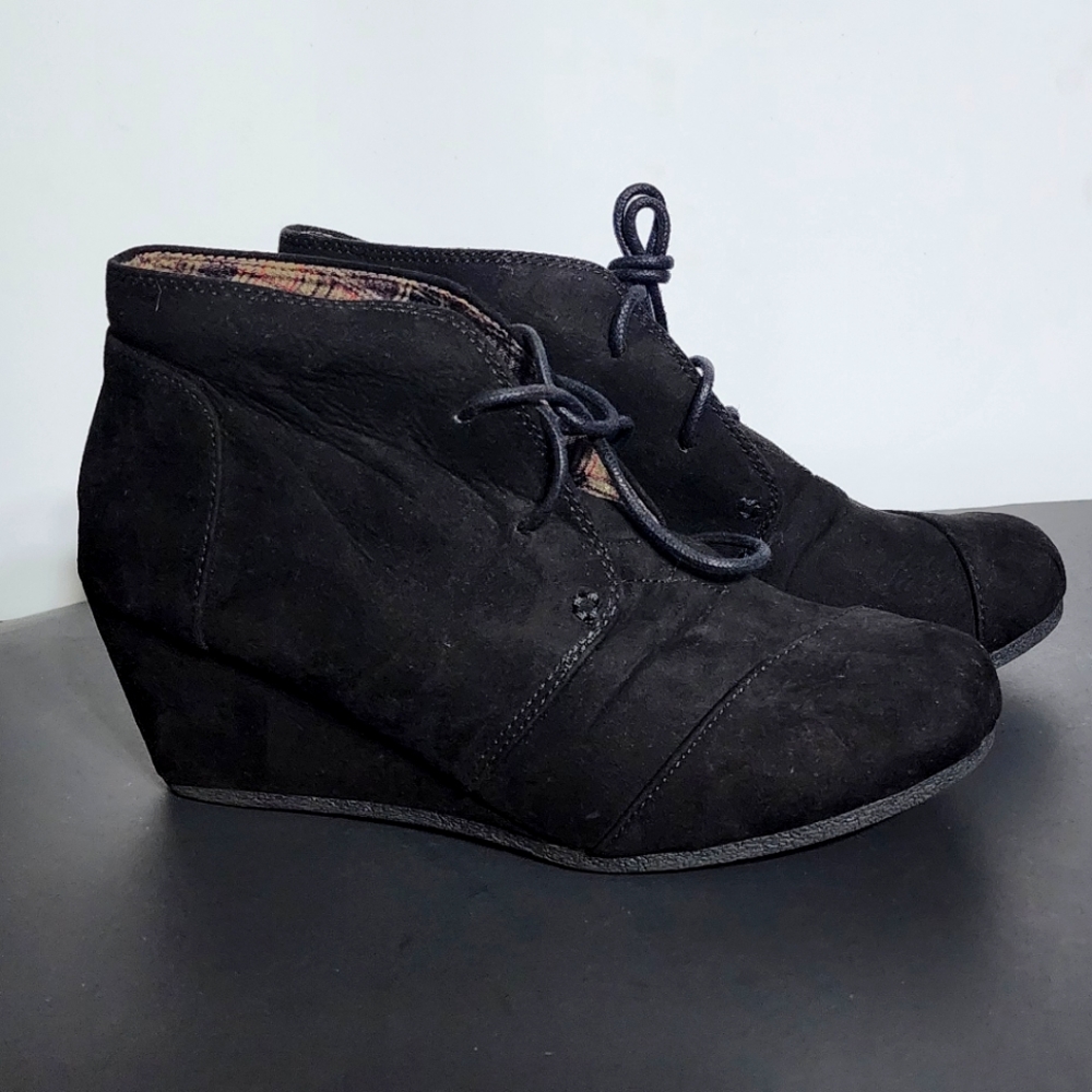 ❤Ankle boots black lace-up wedge size 8.5 women's shoes booties  suede/velvet